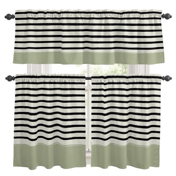 Black Stripes Kitchen Curtains and Valances Set, Scandi Sage Green Border Minimalist Cottagecore 3 Piece Curtains Valances and Tiers Set Rod Pocket for Kitchen Bathroom Windows 36 Inch