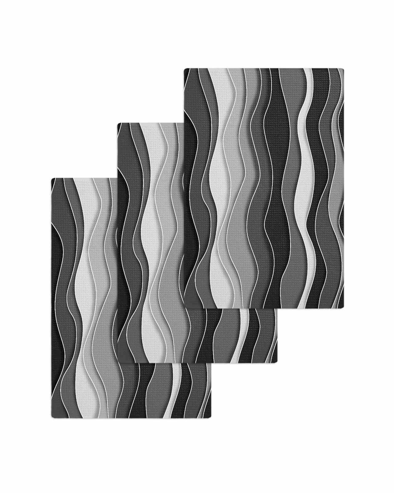 Black Stripes Kitchen Dish Towels for Drying Dishes Set of 3, Modern Simple Greyish Gradient Lines Waffle Weave Microfiber Terry Hand Tea Bathroom Towels Quick Dry & Absorbent Towel 15.7x23.6