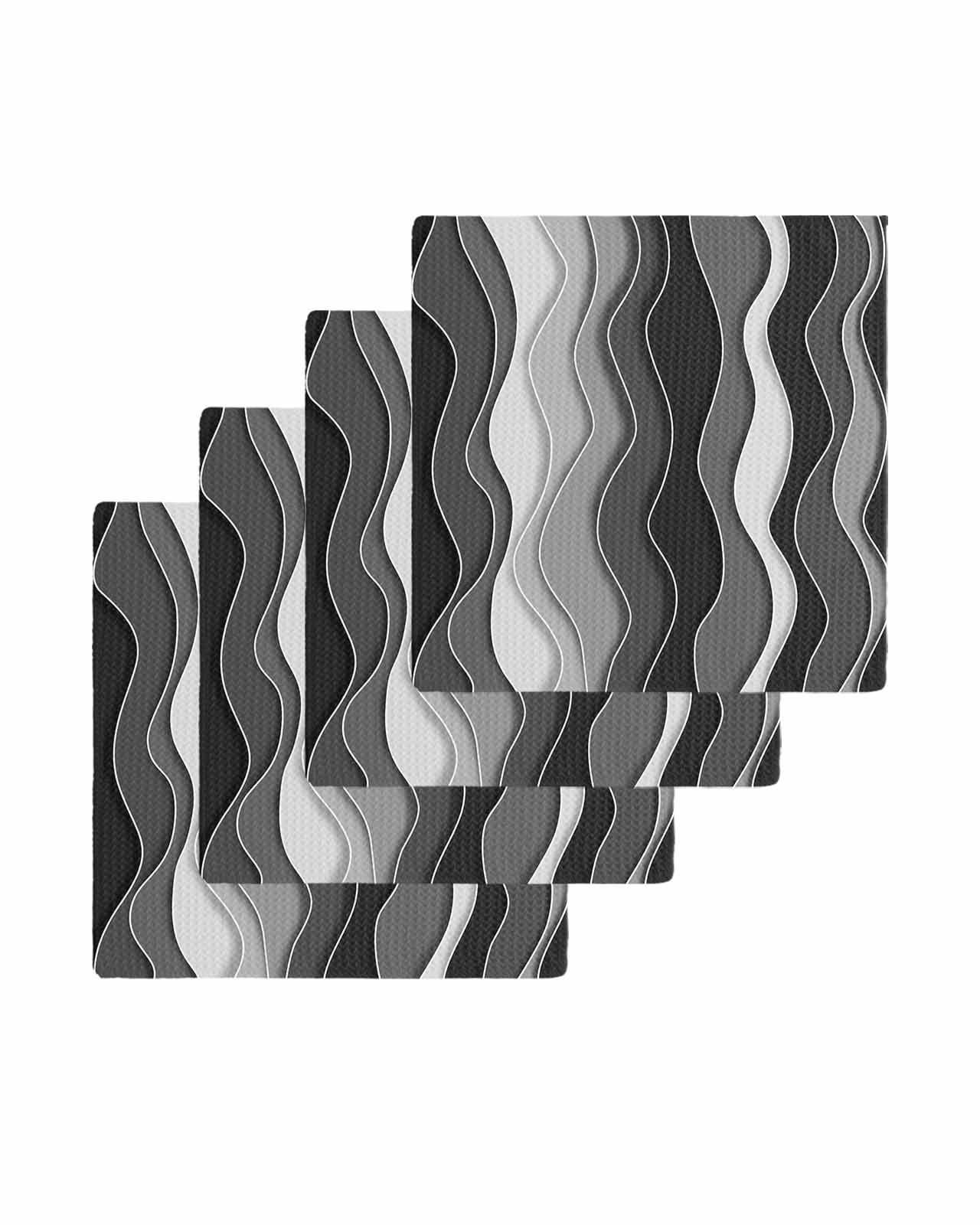 Black Stripes Kitchen Dish Towels for Drying Dishes Set of 4, Modern Simple Greyish Gradient Lines Waffle Weave Microfiber Terry Hand Tea Bathroom Towels Quick Dry & Absorbent Towel 12x12