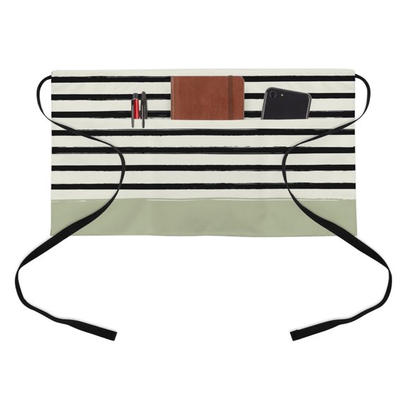 Black Stripes Kitchen Restaurant Half Waist Apron, Scandi Sage Green Border Minimalist Cottagecore Server Short Apron with 3 Pockets Waterproof Oil Waist Aprons for Women Waitress Waiter