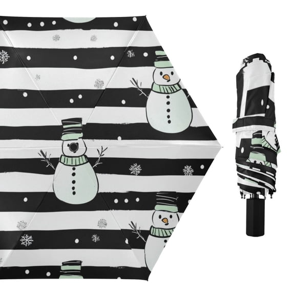 Black Stripes Snowman with Hat All Weather Umbrella Triple Folding Parasol 6 Ribs UV Protection Portable
