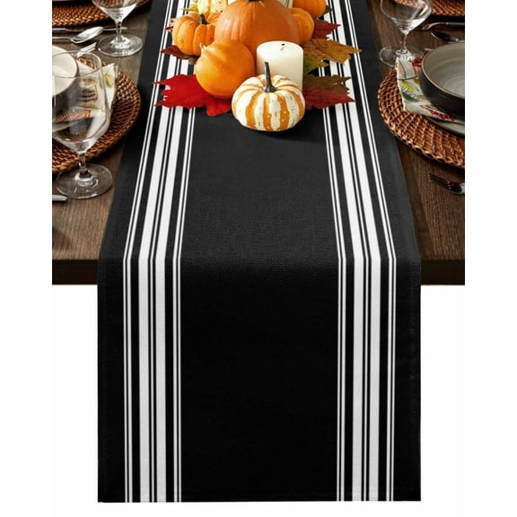 Black Stripes Table Runner-Cotton Linen- 72 Inch Holiday Dresser Scarves, Farmhouse Modern White Vertical Lines Tablerunner for Kitchen Coffee/Dining Bedroom Home Living Room Dinner Scarf Décor 14x72