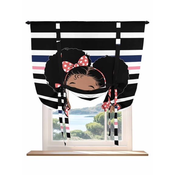 Black Stripes Tie Up Curtains for Windows 45 Inch Length Balloon Curtains Kitchen Adjustable Balloon Window Shade Cartoon Funny Pink Cute Bow Girl Striped Tie Up Bathroom Curtain Window 34"x45"