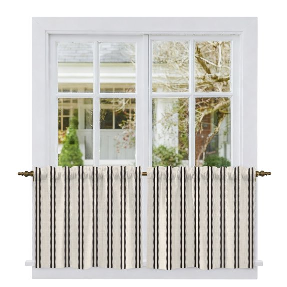 Black Stripes Tier Curtains 24 Inch Length, Retro Vertical Striped Farmhouse Beige Cafe Short Curtains for Bathroom Over Sink, Small Kitchen Curtain Light Filtering Tiered Drapes 2 Panels 27.5"Wx24"L