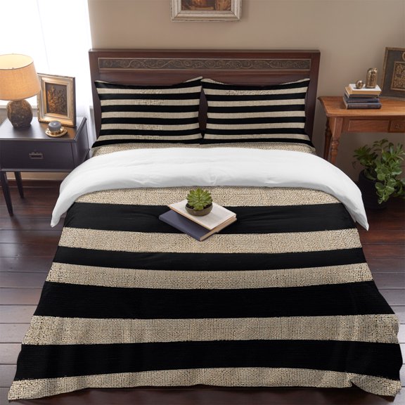 Black Stripes Vintage Linen Texture Queen Size Bed Set,Modern Minimalist Style Bedding for All Seasons,4 Pcs Bed Set,1 Quiltcover (90"x90"),1 Sheet (90"x102"),2 Pillowcases (20"x30")
