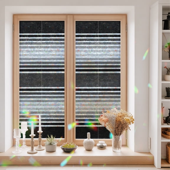Black Stripes Window Privacy Film Minimalist Stripe Modern Gradient Industrial Static Cling Stained Glass Window Film Non-Adhesive Decorative Decals Rainbow Sticker 23.6"X59"