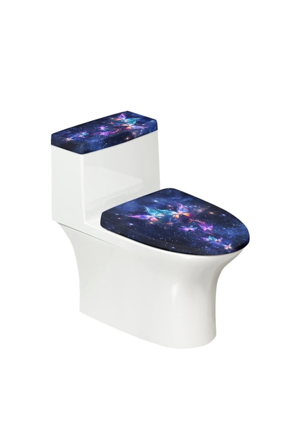Butterfly Starry Sky Toilet Lid Dust Cover 2 Pcs Set, Polyester Fabric Easy Installation Machine Washable Toilet Lid Covers for Bathroom Decor