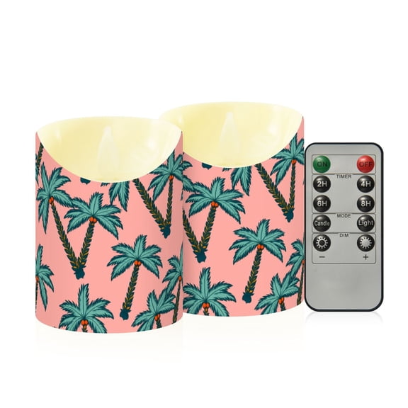 Black Stroke Palm Tree Flameless Candles 2 PCS with Remote Realistic Moving Flame LED Tapered Pillar Set for Home Decor