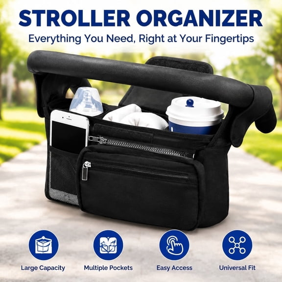 Black Stroller Organizer Bag, 1 Pack, 13 x 4 x 6.3 Inches, with Insulated Cup Holder, Detachable Phone Pocket & Shoulder Strap, Fits Most Strollers