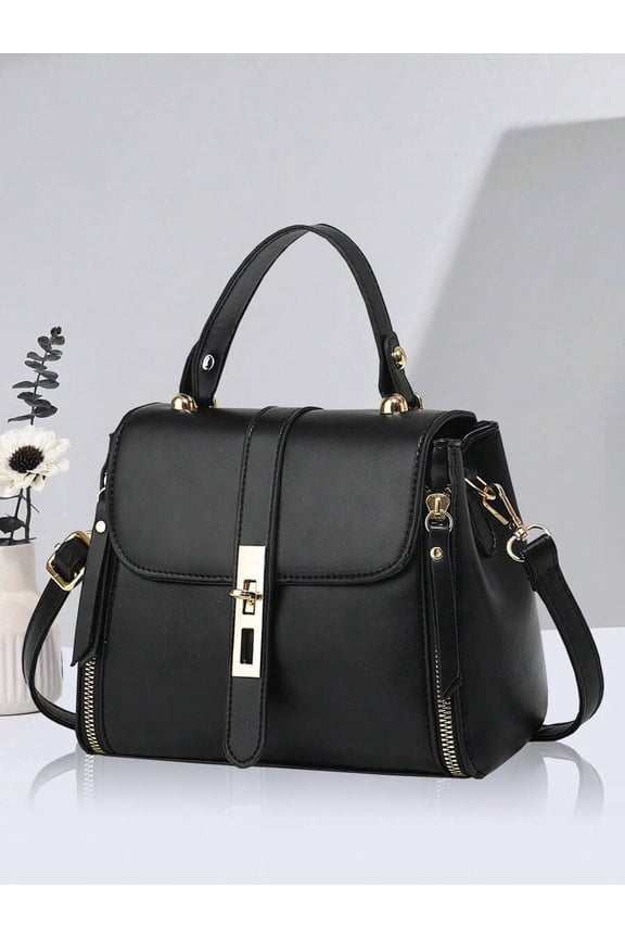 Black Structured Flip-Top Tote Bag With Gold-Tone Hardware, Top Handle &