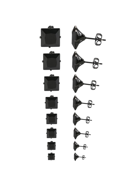 Black Stud Earrings 8 Pair Stainless Steel Square Princess Cut Cubic Zirconia for Men Women