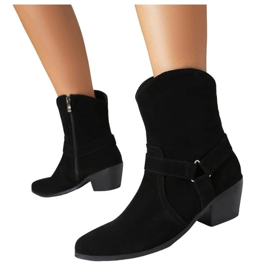 Black Suede Ankle Cowboy Boots for Women Wide Calf Cowgirl Booties Pointed Toe Mid Calf Riding Boots