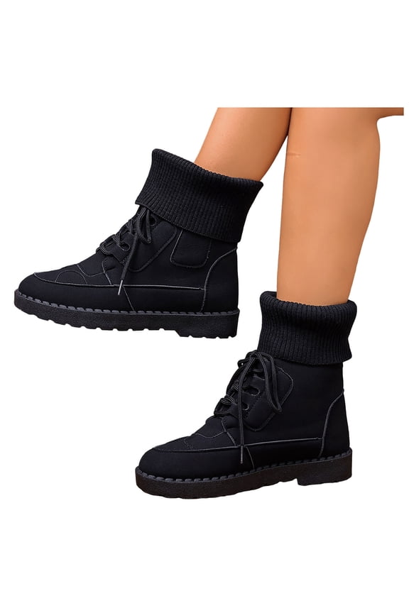 Black Suede Flat Ankle Boots for Women Mid Calf Lace Up Fashion Fold Knit Ankle Cuff Combat Booties