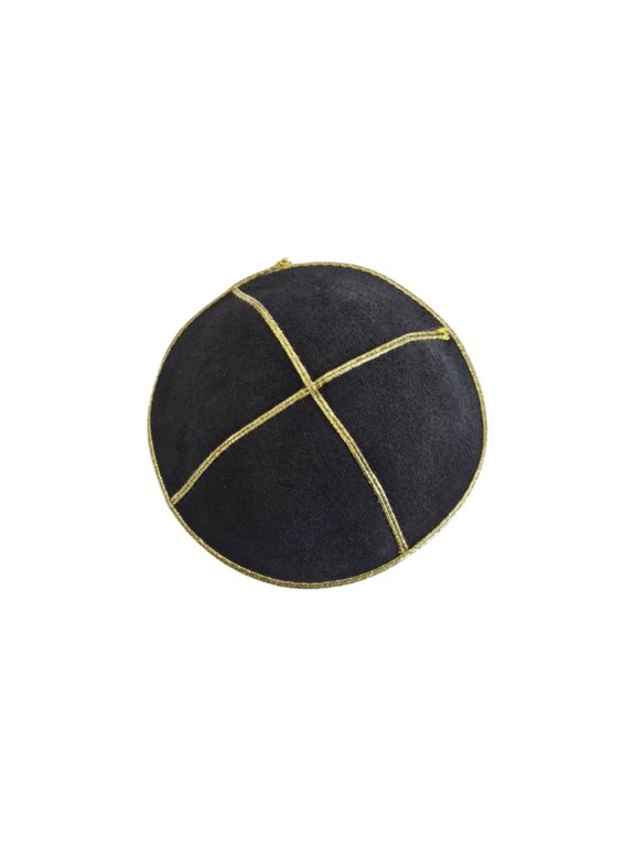 Black Suede Leather Kippah with Gold Trim, 14cm Jewish