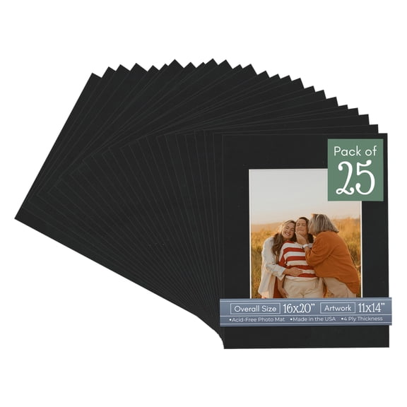 Black Suede Picture Frame Mat for 16x20 Frames - Fits 11x14 Photos - 25 Mats