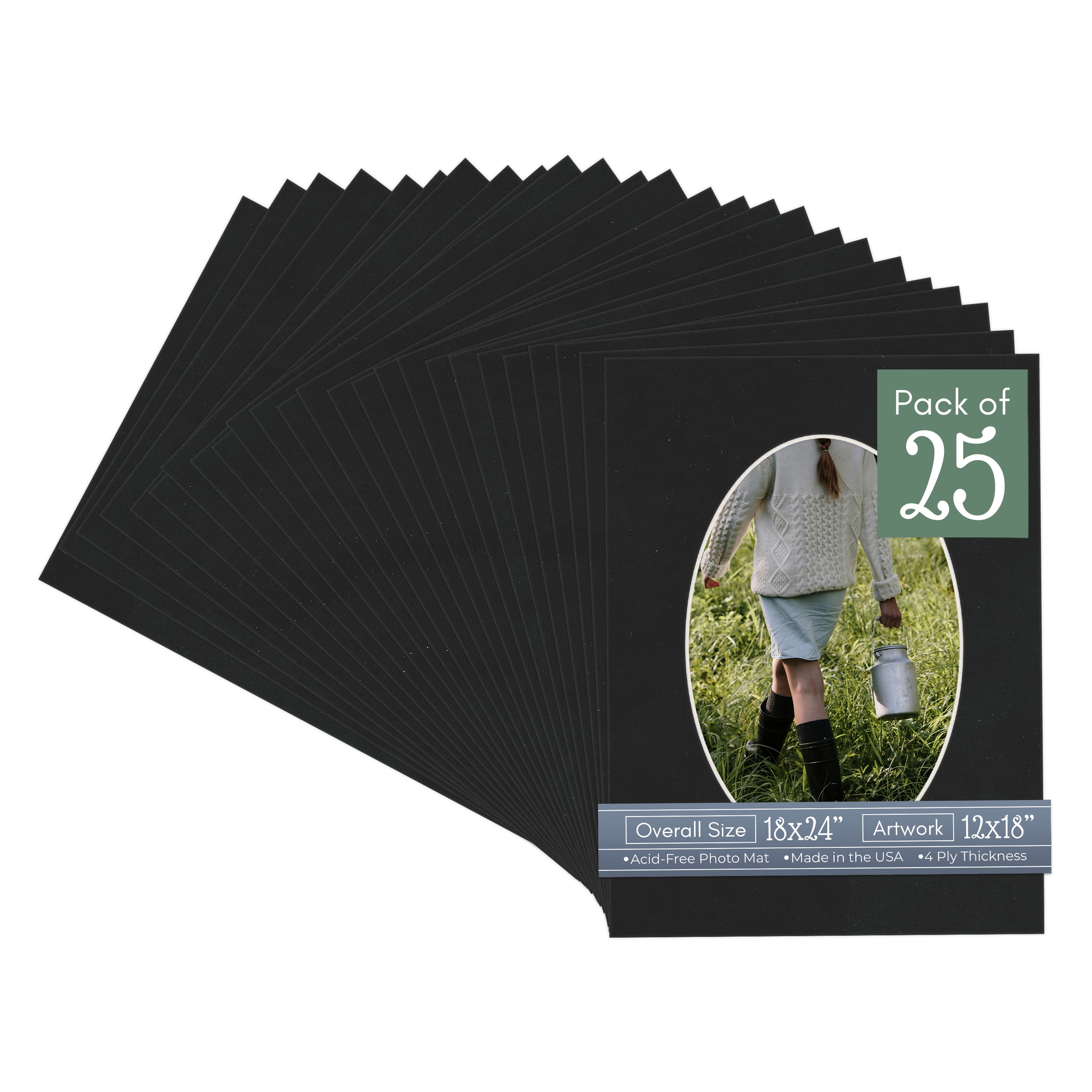 Black Suede Picture Frame Mat for 18x24 Frames - Oval Opening for 12x18 Photos - 25 Mats