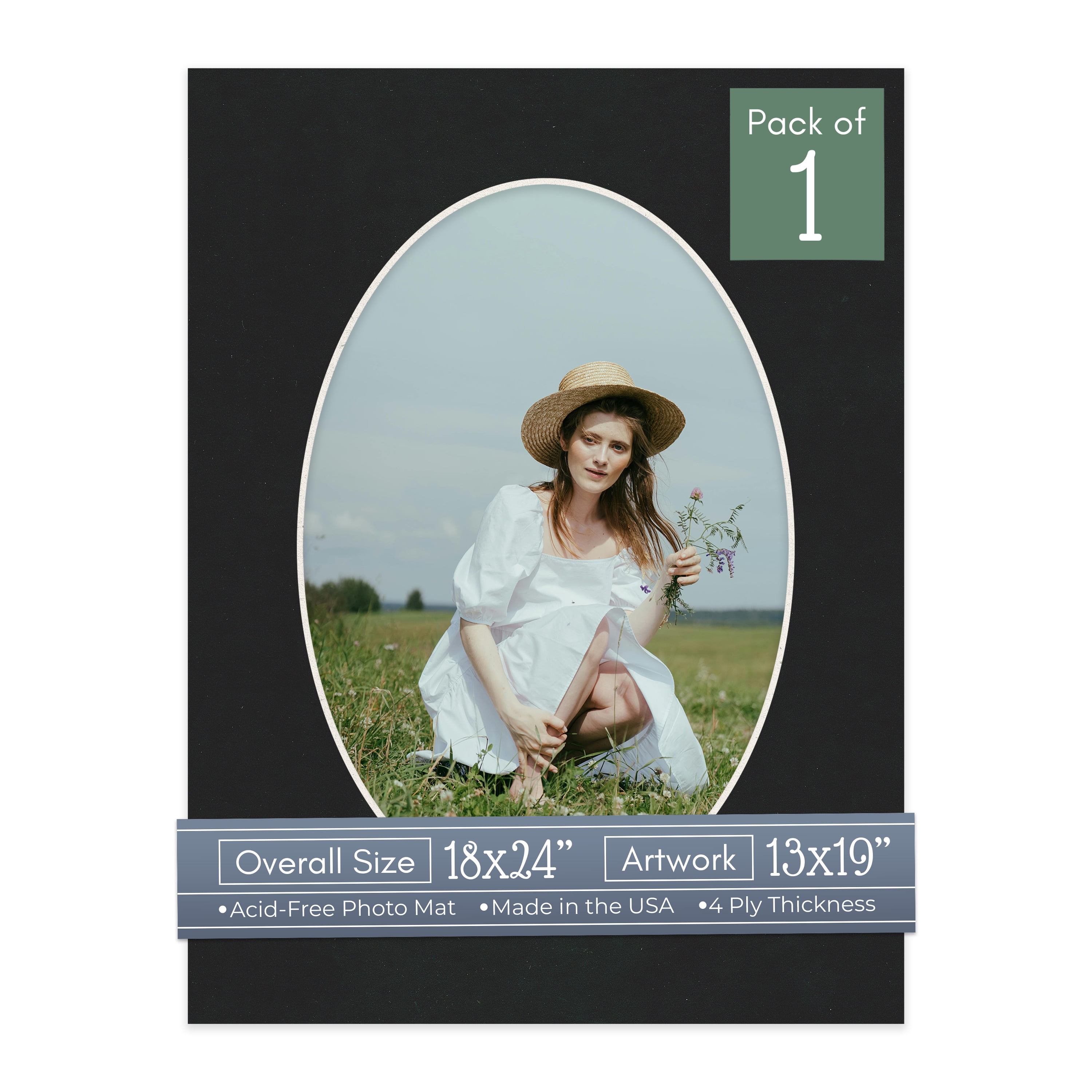 Black Suede Picture Frame Mat for 18x24 Frames - Oval Opening for 13x19 Photos - 1 Mat