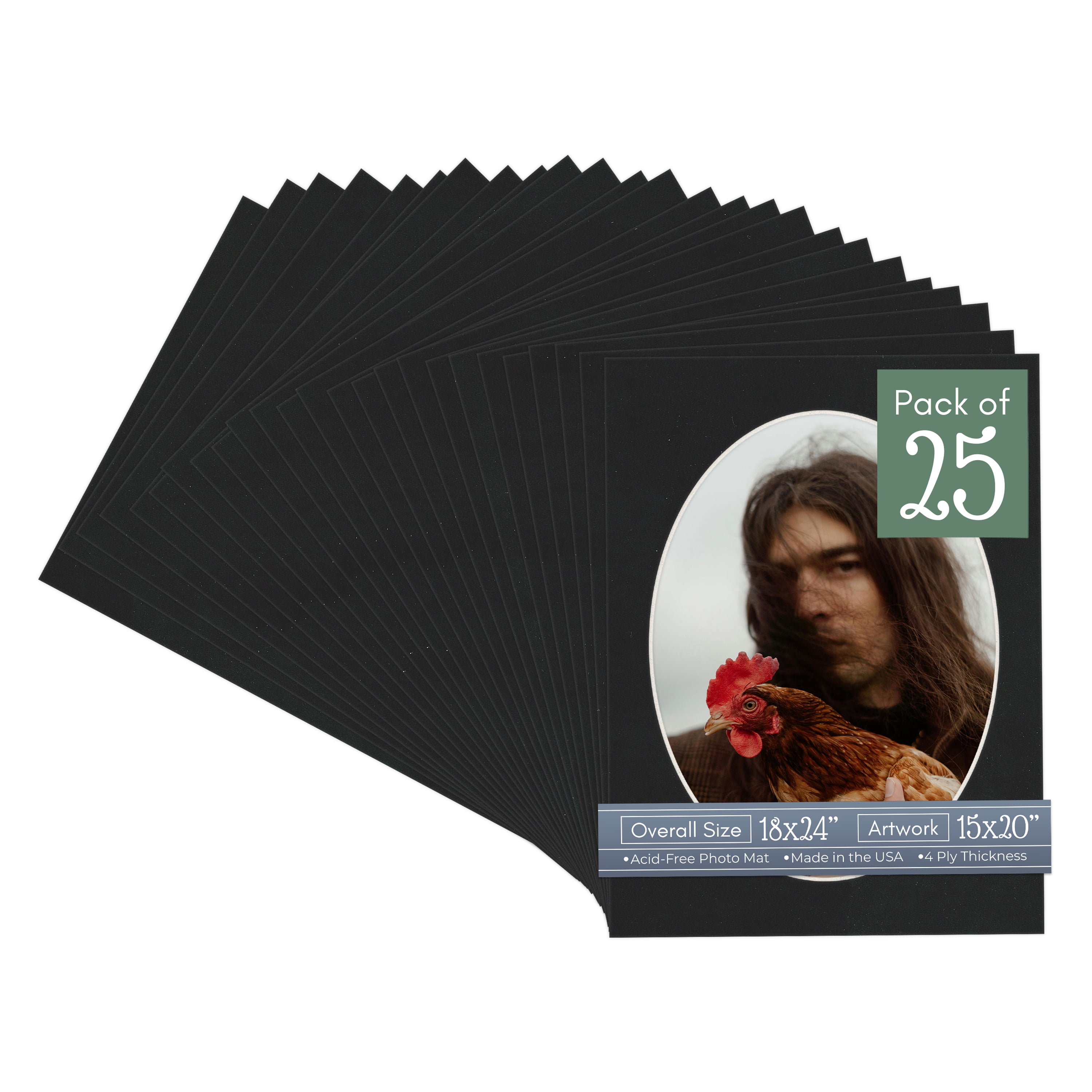 Black Suede Picture Frame Mat for 18x24 Frames - Oval Opening for 15x20 Photos - 25 Mats