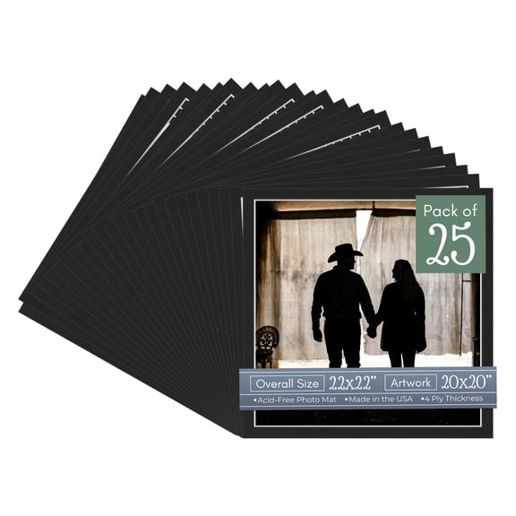 Black Suede Picture Frame Mat for 22x22 Frames - Fits 20x20 Photos - 25 Mats