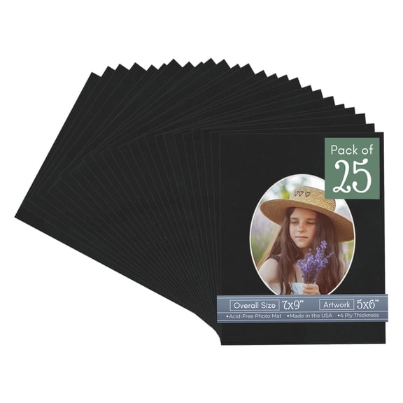 Black Suede Picture Frame Mat for 7x9 Frames - Oval Opening for 5x6 Photos - 25 Mats