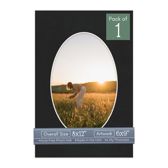 Black Suede Picture Frame Mat for 8x12 Frames - Oval Opening for 6x9 Photos - 1 Mat