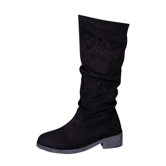 Black Suede Round Toe Mid-Length Boots For Women With Chunky Heel Comfortable And Stylish Perfect For Cool Weather And Everyday Use
