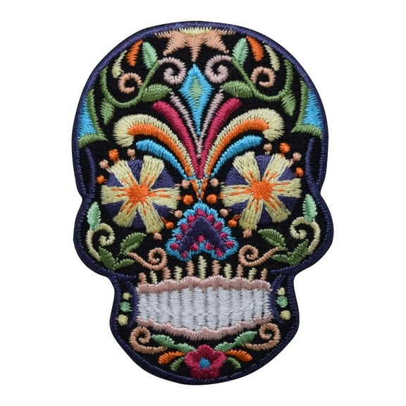 Black Sugar Skull - Blue/Yellow Flower Eyes- Day of the Dead - Dia De Los Muertos - Iron on Embroidered Patch