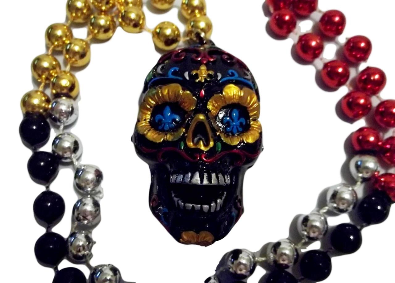 MARDI GRAS CREATIONS Black Sugar Skull Day of the Dead Mardi Gras Beads Party Favor Necklace