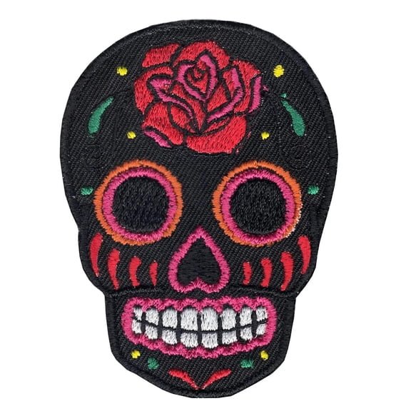 Black Sugar Skull Iron On Embroidered Patch
