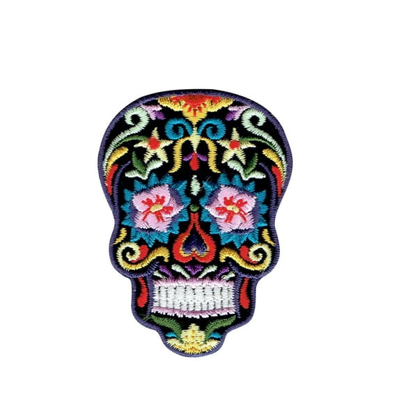 Black Sugar Skull - Pink Flower Eyes- Day of the Dead - Dia De Los Muertos - Iron on Embroidered Patch