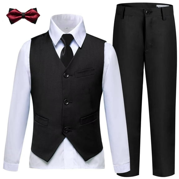 Black Suit 4 Pieces for Husky Boys Kids Slim Fit Jacket Pants Set for Wedding Prom Party Size 12