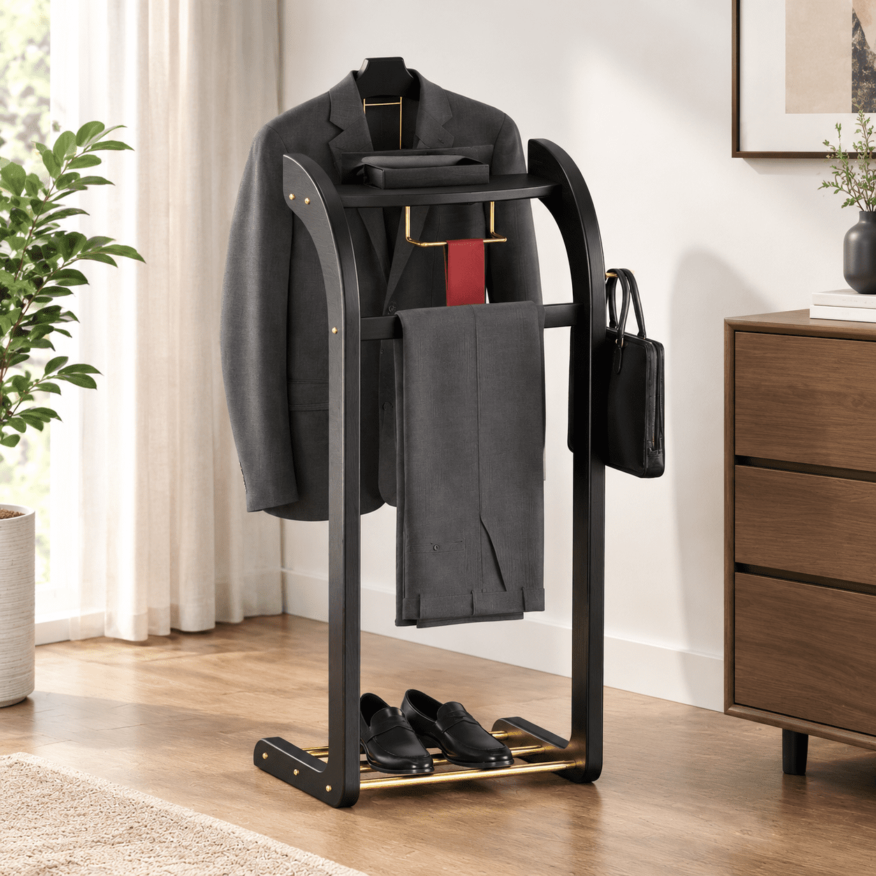 Suit Base Black Suit Valet Stand with Base, Wood and Metal Construction for ...