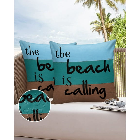 Black Summer Beach Quote Outdoor Pillow Covers Waterproof Throw Pillow Cover 18x18in Set of 2,Square Decorative Pillowcases Cushion Case for Patio Sofa Couch,Blue Brown Wooden Plank