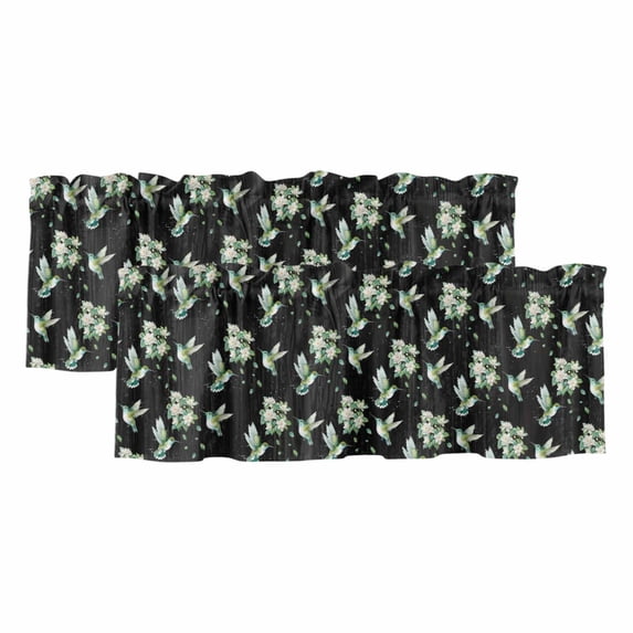 Black Summer Botanical Valances for Windows, Decorative Rod Pocket Window Valance Curtains, Green Spring Floral Birds Farmhouse Short Curtain Drapes for Kitchen/Living Room, 2 Panels, 42" W x 12" L