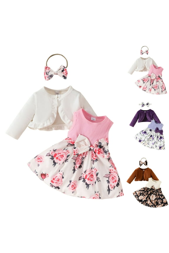 Black Summer Dress Juniors Little Girls Dress and Cardigan Sets 2 Piece Floral Print Sleeveless Dress Lace Edge Sweaters Spring Full Clothes for 2-7Y