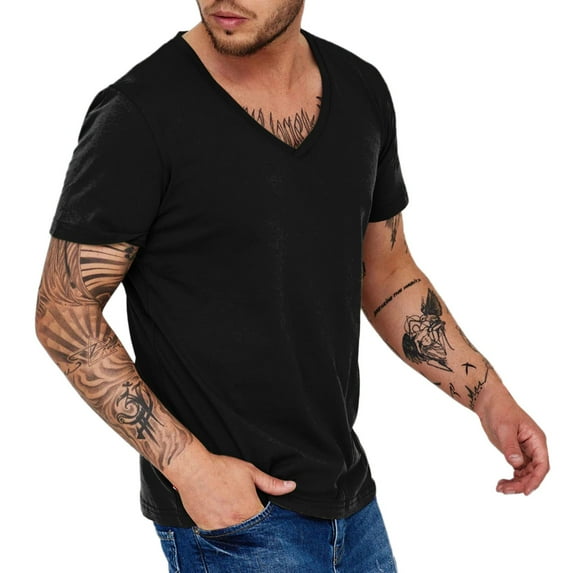 Black Summer Short Sleeve V Neck Gym Spandex T Shirts Mens Shirt Fashion Casual Quick Dry Breathable Sweat Wicking Top
