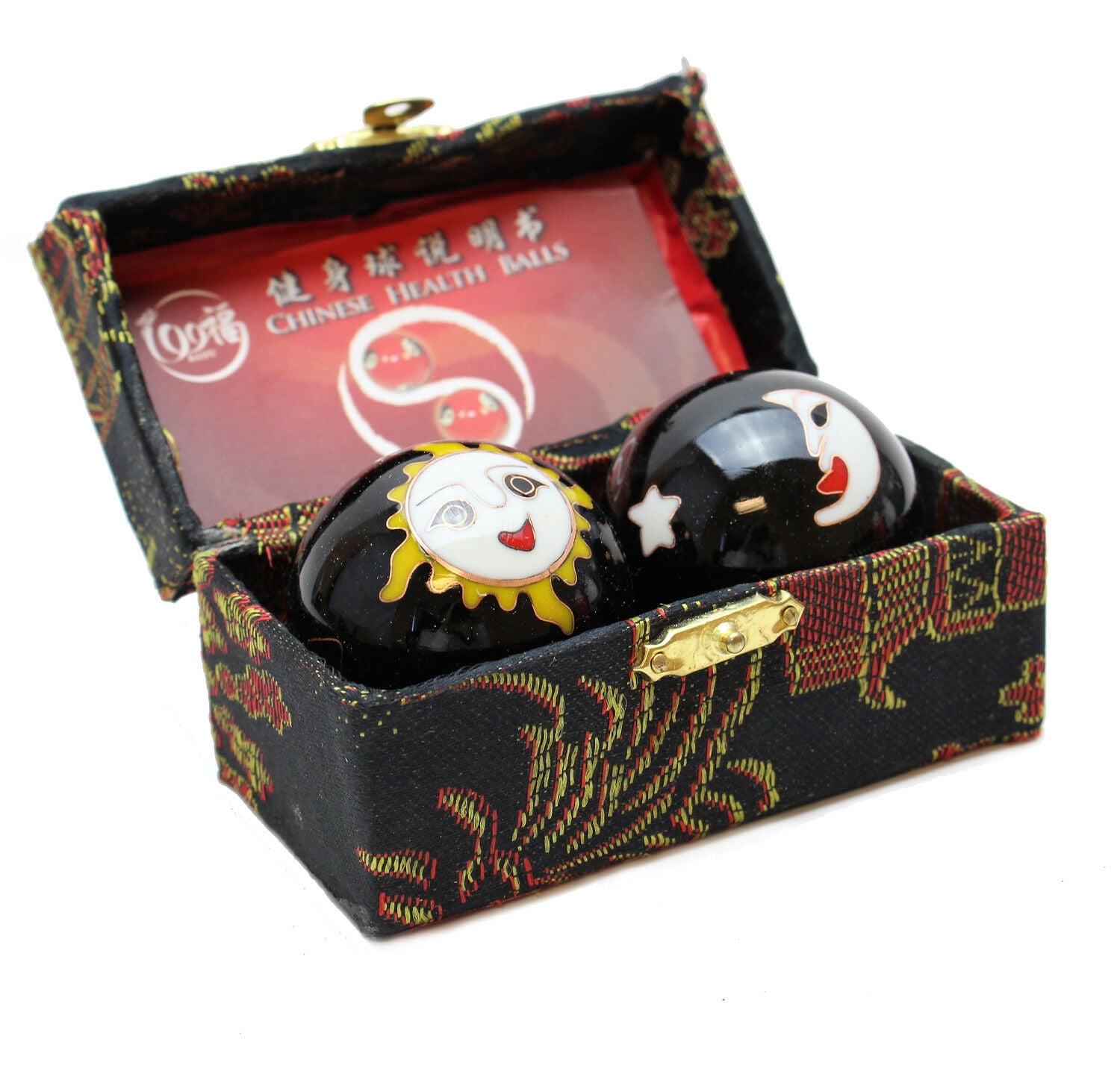 Black Sun & Moon Cloisonne Iron Balls Hand Stress Relief Set Exercise Finger Set C12465