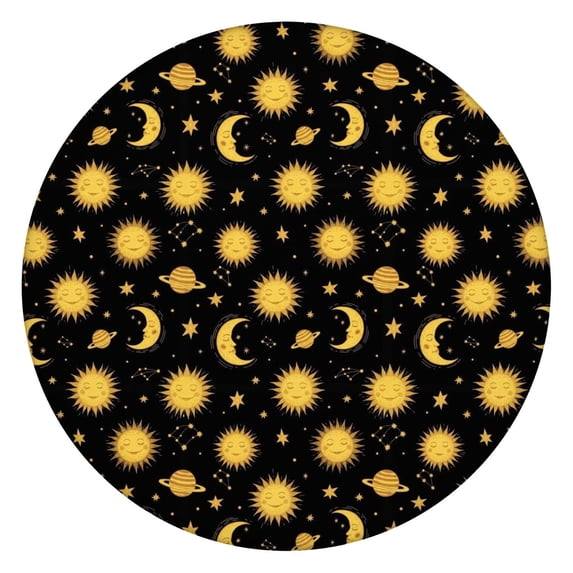 Black Sun Moon Planet Star Pattern Round Fitted Tablecloth with Elastic Edge,Dining Table Cover Waterproof,Outdoor Round Tablecloth for Camping,Dining,Indoor and Outdoor