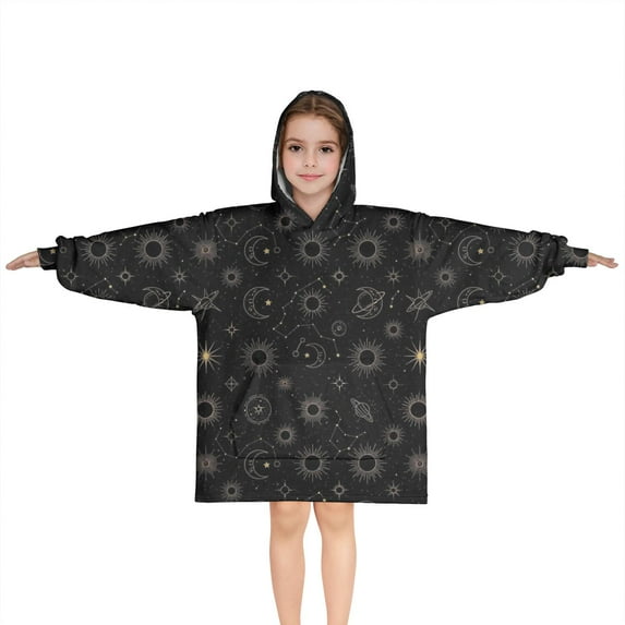 Black Sun Moon Star Planet Constellation Pattern Blanket Hoodies for Kids 6-13YR Oversize Wearable Blanket Hoodies for Boys Girls Teens