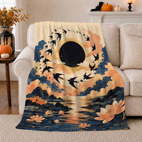 Swallows Circling A Black Disk Above Lotus Waters for Fantasy Landscape Enthusiasts, Dramatic Fantasy Art Home Decor for Living Room and Study, Housewarming Gift with Cozy Flannel Blanket