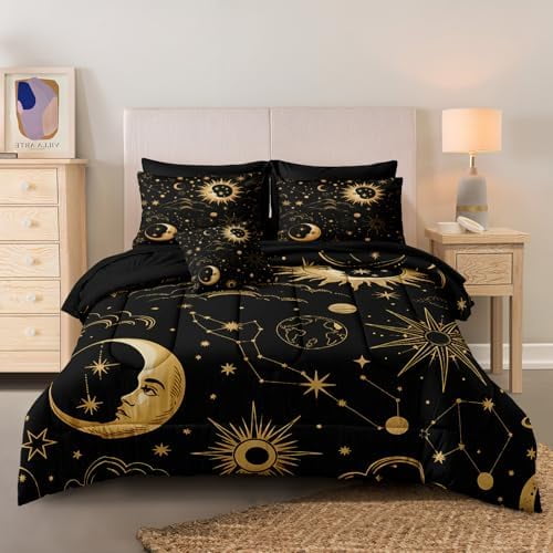 Black Sun and Moon Comforter King Size 8 Pcs Bed in A Bag Boho Style Comforter Set Celestial Universe Bedding Set