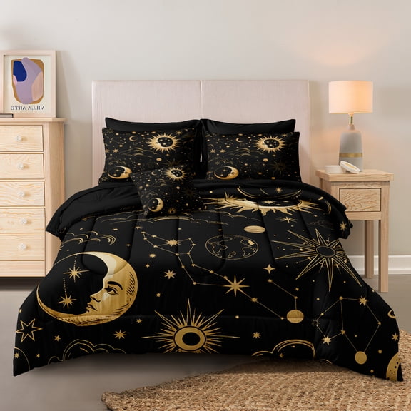 Black Sun and Moon Comforter Queen Size 8 Pcs Bed in A Bag Boho Style Comforter Set Celestial Universe Bedding Set
