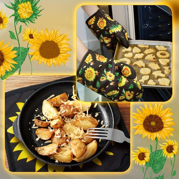 Black Sunflower 6PCS Kitchen Decor Set Oven Mitts, 2 Dish Towels & 2 Pot Holders, Farmhouse Style Cooking Accessories, Ideal for Baking/Cooking/Grilling