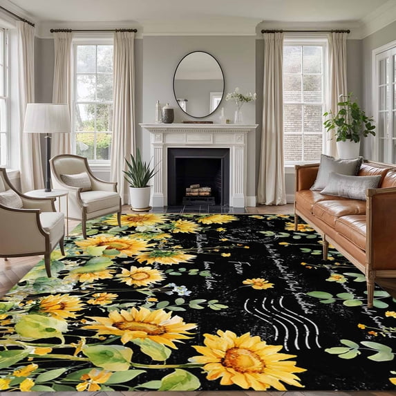 Black Sunflower Area Rugs 5'x8', Washable Small Throw Rugs for Classroom Bedroom, Summer Eucalyptus Botanical Floral Indoor Outdoor Rug Non-Slip Low Pile Carpet Runner Reversible Floor Mats