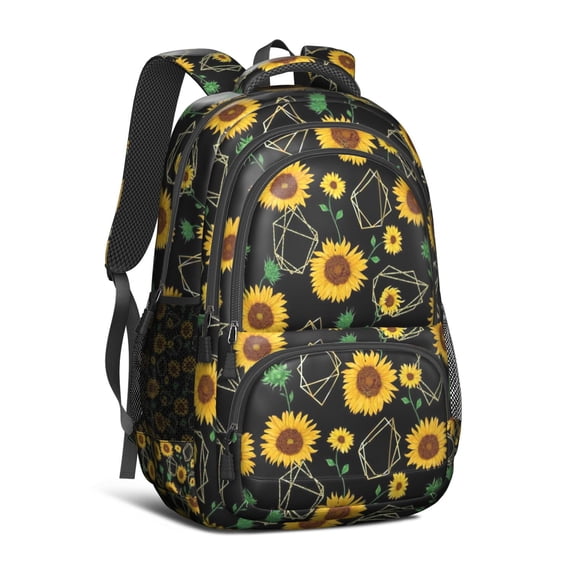 Black Sunflower Backpack for School,Cute School Bag,Schoolbag with Adjustable Shoulder Straps & Padded Back,16.9 Inch