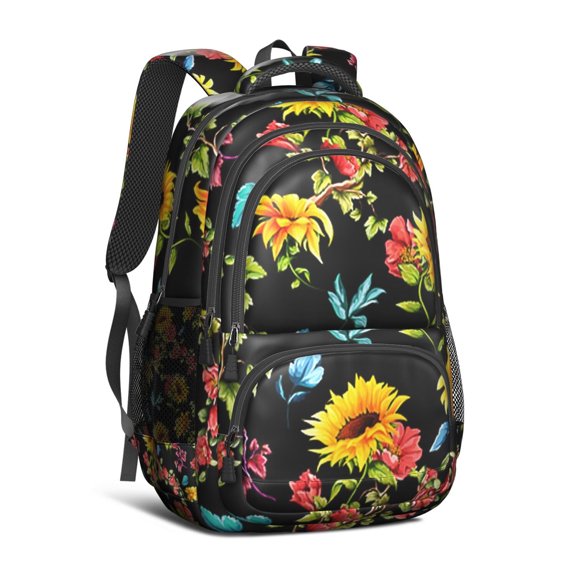 Black Sunflower Backpack for School,Cute School Bag,Schoolbag with Adjustable Shoulder Straps & Padded Back,16.9 Inch