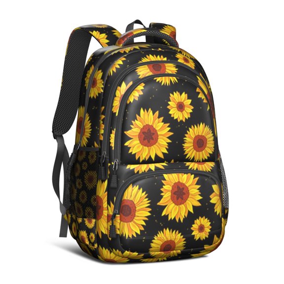 Black Sunflower Backpack for School,Cute School Bag,Schoolbag with Adjustable Shoulder Straps & Padded Back,16.9 Inch
