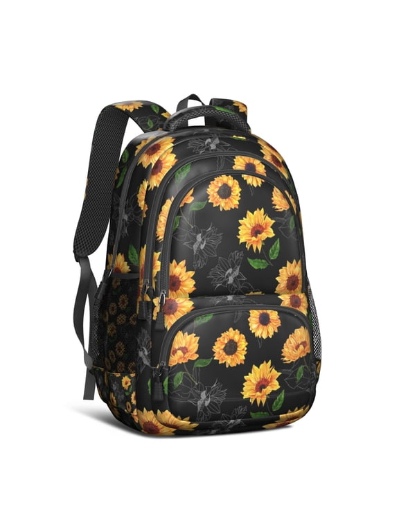 Black Sunflower Backpack for School,Cute School Bag,Schoolbag with Adjustable Shoulder Straps & Padded Back,16.9 Inch