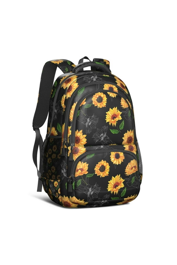 Black Sunflower Backpack for School,Cute School Bag,Schoolbag with Adjustable Shoulder Straps & Padded Back,16.9 Inch