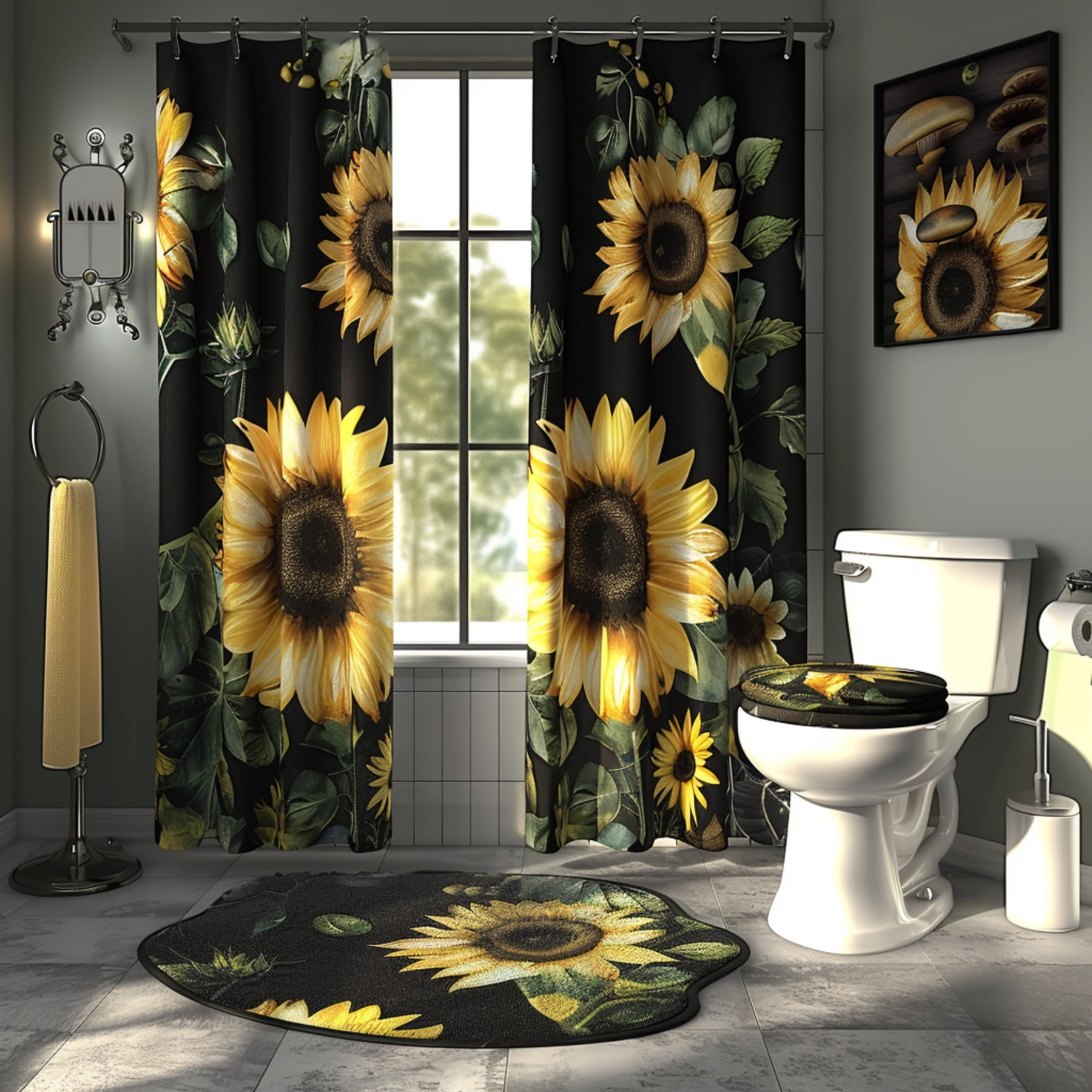 Black Sunflower Bathroom Set with Nature Theme Yellow and Green Floral